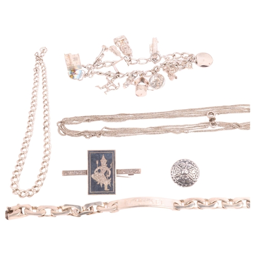 2630 - Various silver jewellery, including charm bracelet, identity bracelet, Thai niello brooch, etc, 131g... 