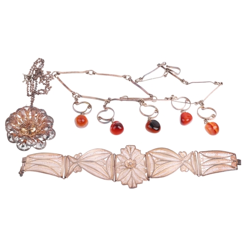 2631 - Various silver jewellery, including floral filigree bracelet, and jasper fringe necklace, etc, 60.6g... 