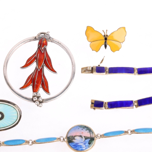 2626 - Various Scandinavian silver and enamel jewellery, including swan panel bracelet, floral openwork pen... 