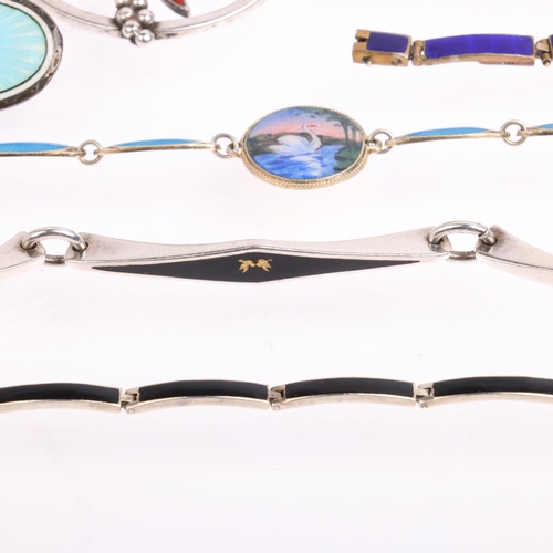 2626 - Various Scandinavian silver and enamel jewellery, including swan panel bracelet, floral openwork pen... 