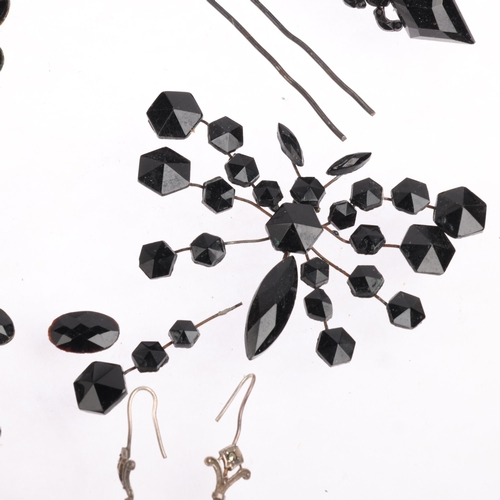 2627 - Various French jet black glass jewellery, including fringe necklace, butterfly brooch, flower hairpi... 