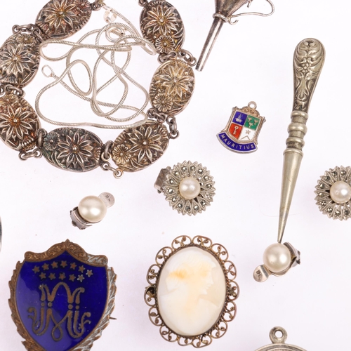 2629 - Various jewellery, including large silver and enamel floral spray brooch, miniature silver funnel, e... 