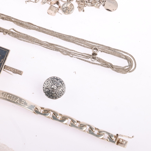 2630 - Various silver jewellery, including charm bracelet, identity bracelet, Thai niello brooch, etc, 131g... 