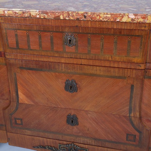 852 - A French marble-topped 3-drawer commode, with inlaid drawer fronts, width 121cm