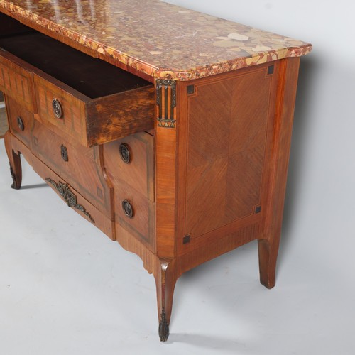 852 - A French marble-topped 3-drawer commode, with inlaid drawer fronts, width 121cm