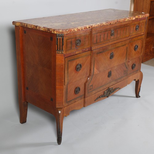 852 - A French marble-topped 3-drawer commode, with inlaid drawer fronts, width 121cm