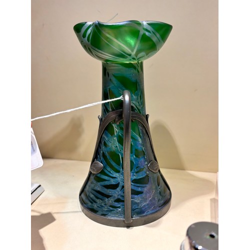 39 - Loetz green iridescent glass vase with stylised pewter mount, height 18.5cm