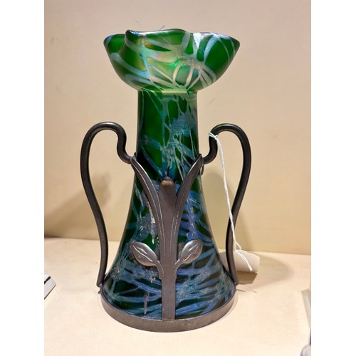 39 - Loetz green iridescent glass vase with stylised pewter mount, height 18.5cm