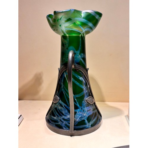 39 - Loetz green iridescent glass vase with stylised pewter mount, height 18.5cm