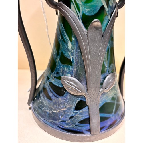 39 - Loetz green iridescent glass vase with stylised pewter mount, height 18.5cm