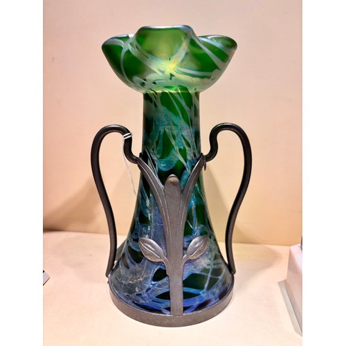 39 - Loetz green iridescent glass vase with stylised pewter mount, height 18.5cm