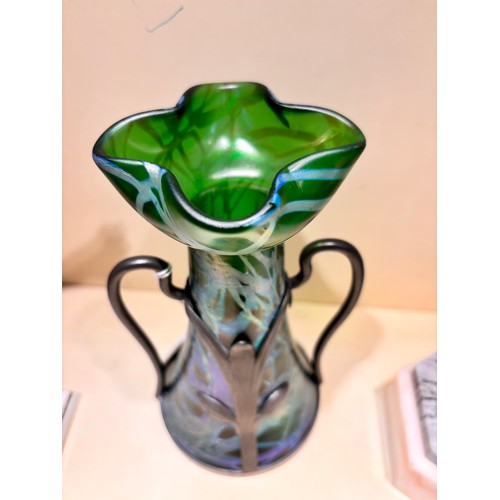 39 - Loetz green iridescent glass vase with stylised pewter mount, height 18.5cm