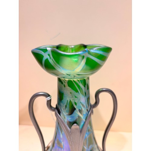 39 - Loetz green iridescent glass vase with stylised pewter mount, height 18.5cm