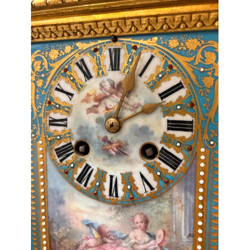 888 - A fine 19th century gilt-bronze and porcelain 8-day mantel clock, with hand painted panels depicting... 