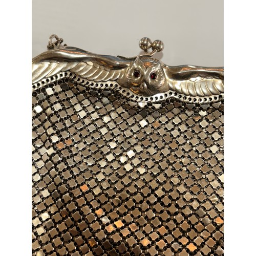 2677 - An Art Nouveau German 800 silver garnet owl evening bag, frame width 16.5cm, 7.9oz gross