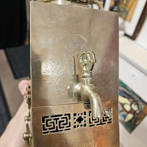 825 - A Chinese square-section tea urn on burner stand, nickel plate on brass with relief moulded insect d... 