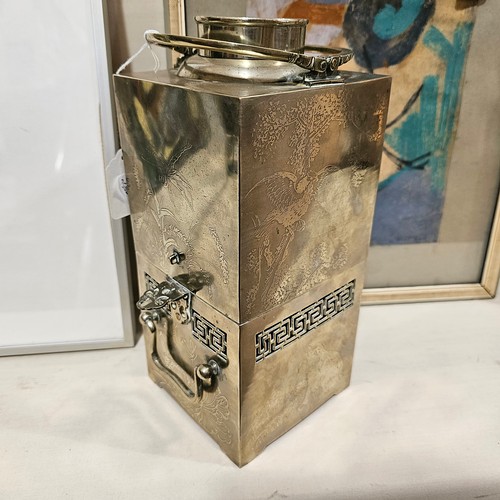 825 - A Chinese square-section tea urn on burner stand, nickel plate on brass with relief moulded insect d... 