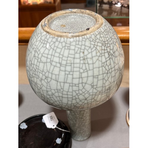 785 - A Chinese crackle glaze porcelain onion-shaped vase on carved wood stand, overall height 39cm