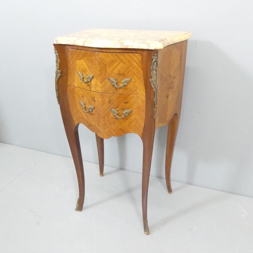 2008 - A French kingwood and marquetry inlaid marble topped bedside chest of two drawers, with brass mounts... 