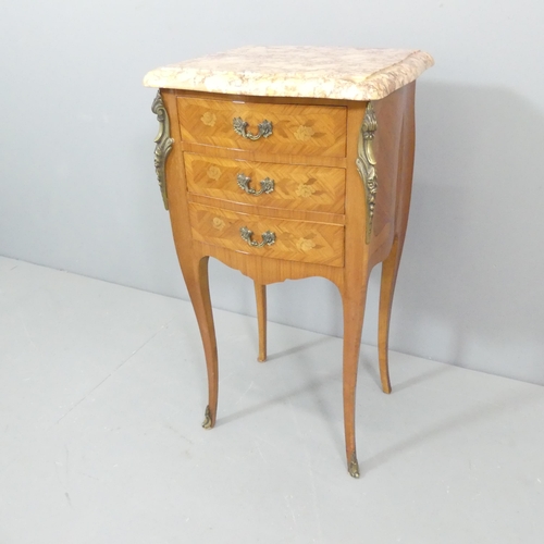 2009 - A French kingwood and marquetry inlaid marble topped bedside chest of three drawers, brass mounts an... 