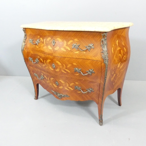 2010 - A French Louis XV style kingwood veneered and satinwood strung bombe commode chest of three drawers,... 