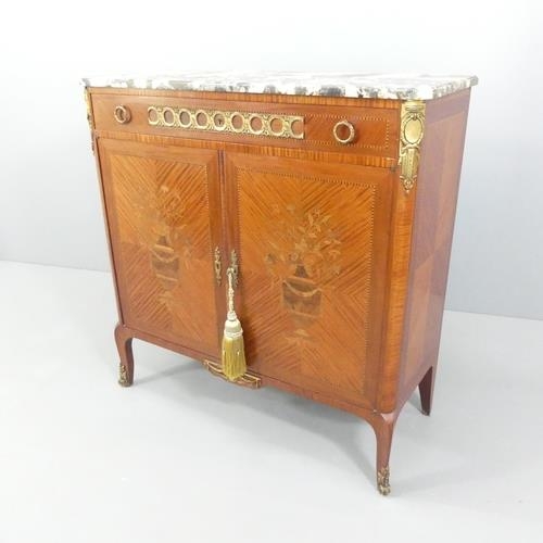 2013 - A French Louis XVI style marquetry inlaid kingwood and Breche Romani marble topped side cabinet, wit... 