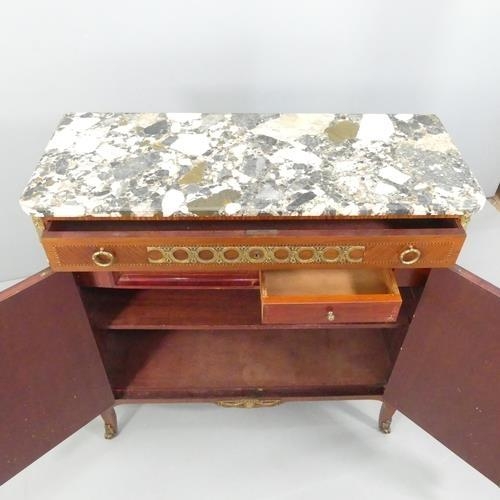 2013 - A French Louis XVI style marquetry inlaid kingwood and Breche Romani marble topped side cabinet, wit... 