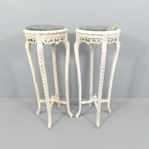 2016 - A pair of French vintage marble topped jardiniere stands with painted wooden bases and carved and ap... 