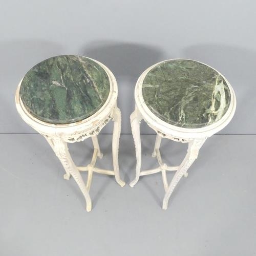 2016 - A pair of French vintage marble topped jardiniere stands with painted wooden bases and carved and ap... 