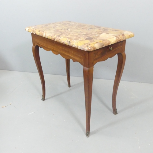 2015 - A French cherrywood and marble topped side table, with end frieze drawer, cabriole legs and ormolu m... 