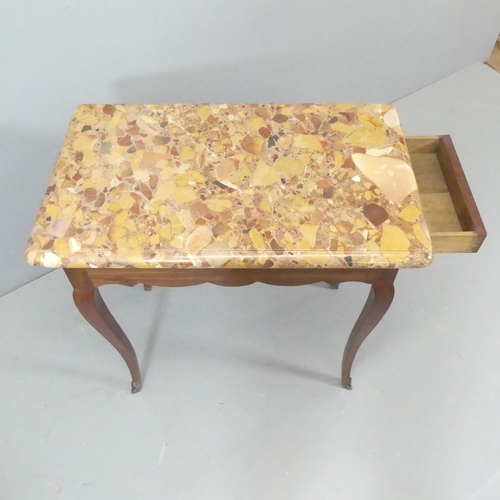 2015 - A French cherrywood and marble topped side table, with end frieze drawer, cabriole legs and ormolu m... 