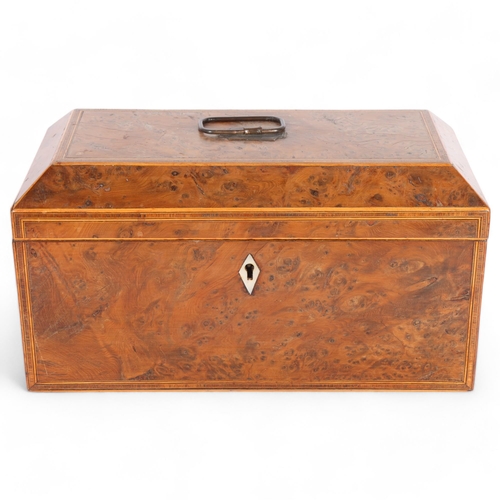107 - A 19th century burr-walnut and satinwood banded tea caddy, with 2 fitted inner caddies and mixing bo... 