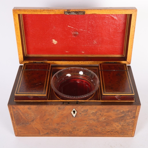 107 - A 19th century burr-walnut and satinwood banded tea caddy, with 2 fitted inner caddies and mixing bo... 