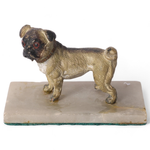11 - A painted spelter study of a standing Pug dog, with gilded collar, H6cm, mounted on an alabaster pan... 