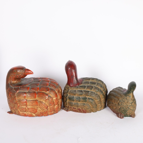 111 - A graduated pair of carved painted and gilded wood studies of quails, tallest 20.5cm, and a similar ... 
