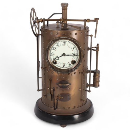 144 - A large reproduction industrial style 8-day clock, modelled as a vertical steam boiler, complete wit... 