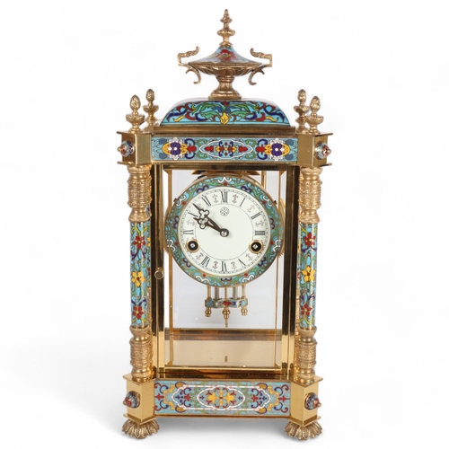 147 - An ornate reproduction Chinese 4-panel glass and enamel decorated mantel clock, with 8-day striking ... 