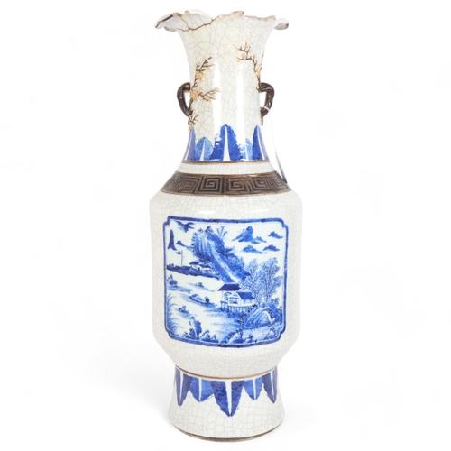 248 - A large Chinese blue and white crackle glazed vase, decorated with village and landscape scenes, wit... 