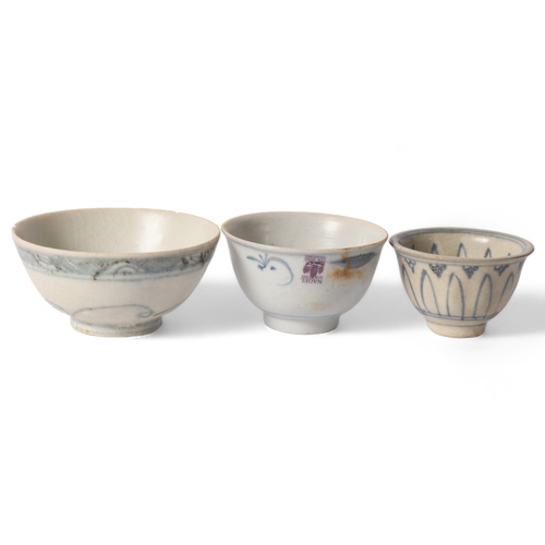 27 - Tek Sing Treasures, 3 Chinese blue and white bowls, salvaged by Captain M Hatcher from the South Chi... 