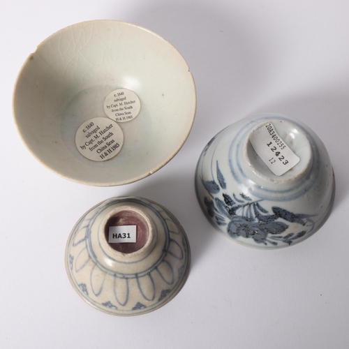 27 - Tek Sing Treasures, 3 Chinese blue and white bowls, salvaged by Captain M Hatcher from the South Chi... 