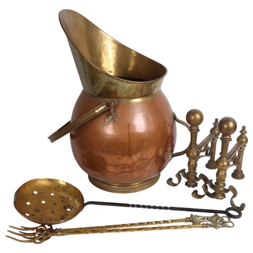 285 - A selection of Victorian copper and brass items, to include a copper coal scuttle, and a pair of bra... 