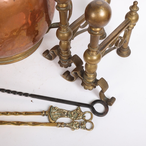 285 - A selection of Victorian copper and brass items, to include a copper coal scuttle, and a pair of bra... 