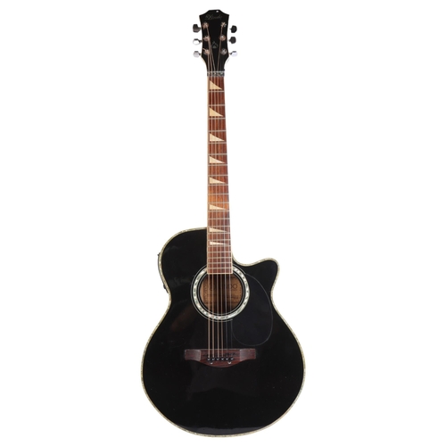 304 - A Lindo slimline electro acoustic guitar, 6-string, with inlay mother-of-pearl style decoration