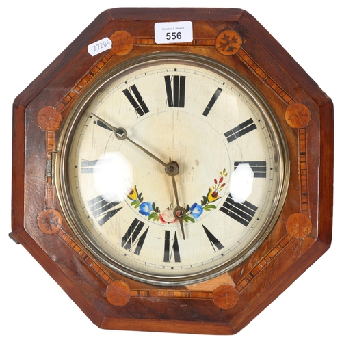 556 - Antique marquetry framed floral painted clock dial and movement, with pendulum and weights, 32cm acr... 