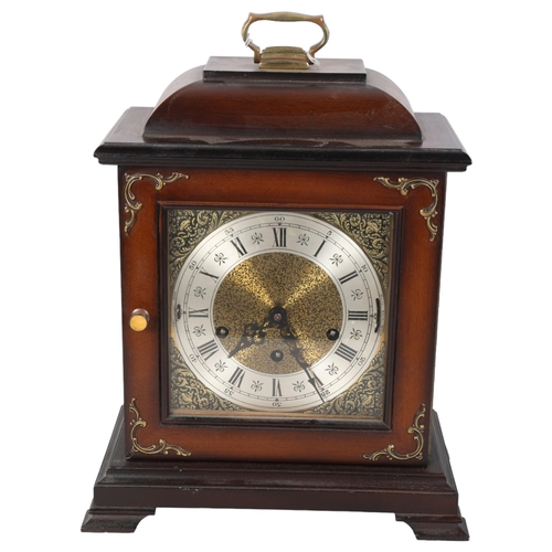 557 - A mahogany-cased 3-train bracket clock, with key, H38cm overall