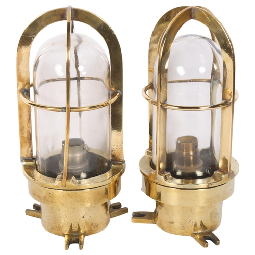 567 - A pair of Vintage heavy brass ship's ceiling lights, complete with glass dome shades, H24cm