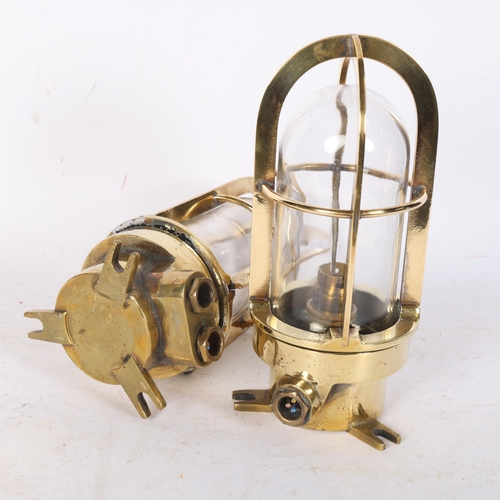 567 - A pair of Vintage heavy brass ship's ceiling lights, complete with glass dome shades, H24cm