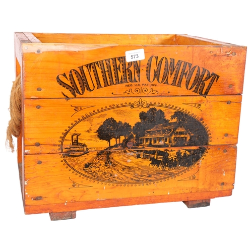 573 - A varnished pine Southern Comfort Whisky box, with designs on 2 sides, 36cm x 46cm