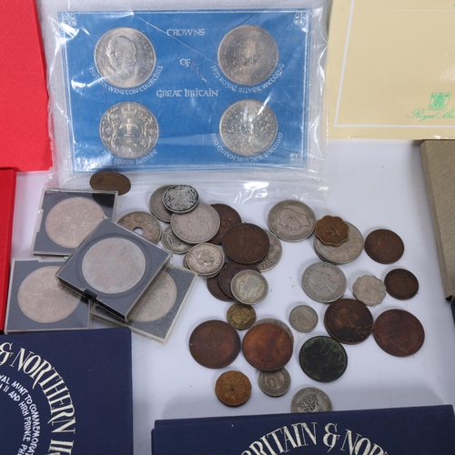 589 - A collection of cased proof coin sets, including 1974, '75, '73, etc, and a quantity of loose coins,... 