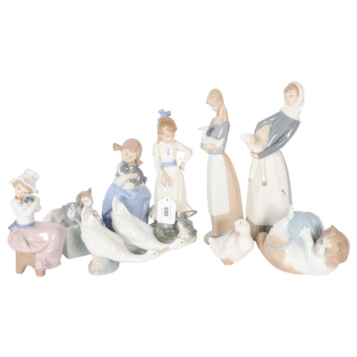 590 - A collection of Lladro and NAO figures and animals, including girl with lamb, a kitten and a ball of... 